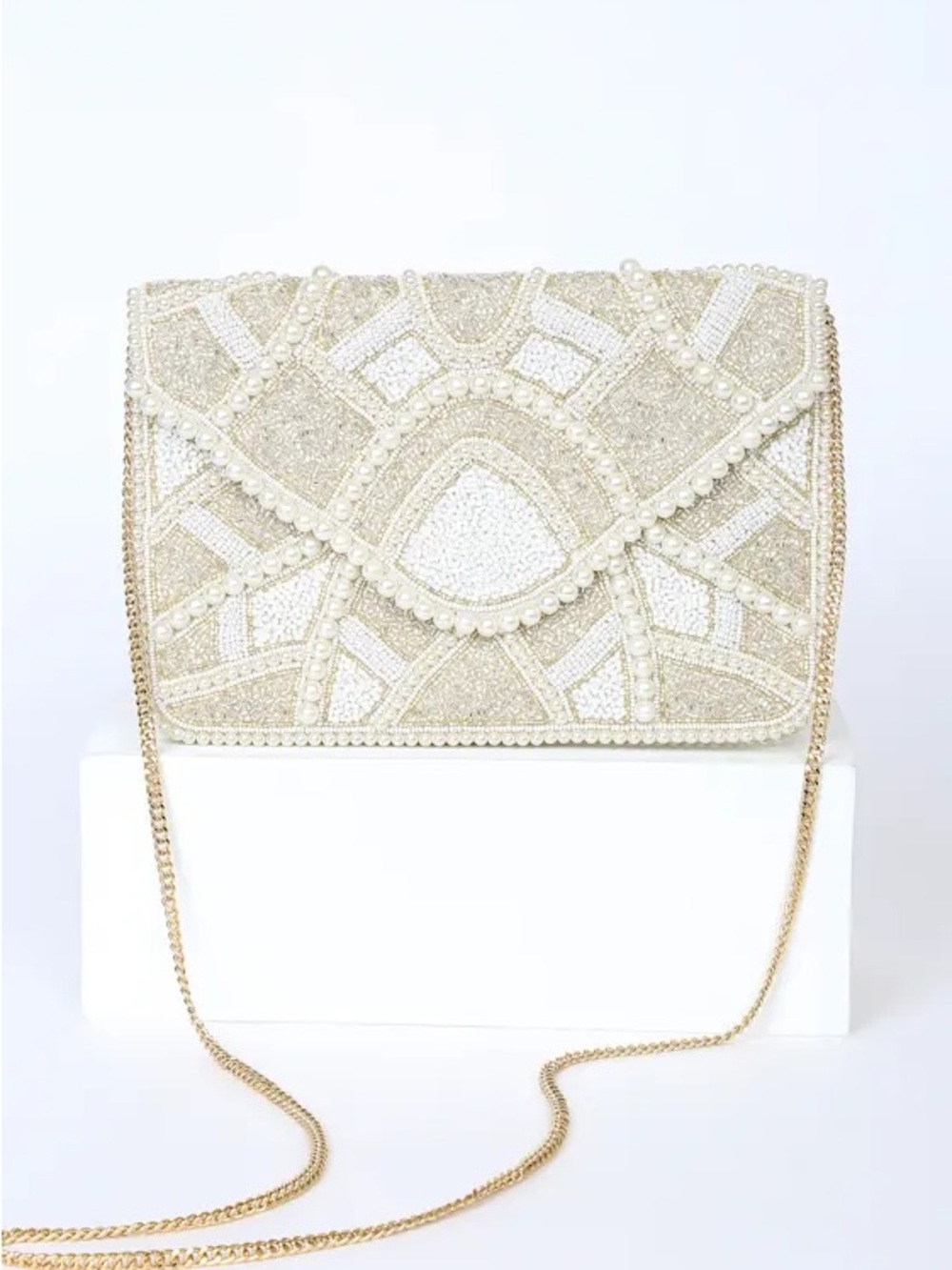Lulus Ivory and Gold Beaded Clutch- Piece of Love White Multi Beaded Clutch